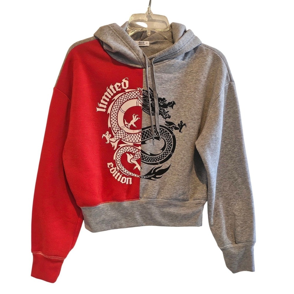 ARDENE Women Dragon Graphic Cropped Hoodie Red Gray Colorblock Size S Pโ